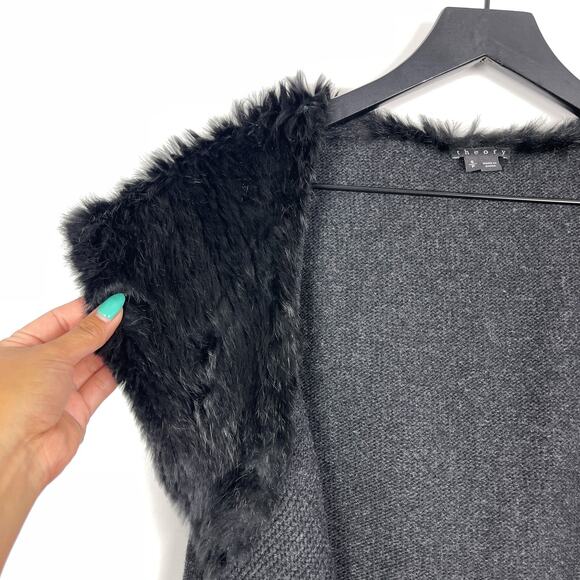 Theory Size S Dyed Rabbit Hood Wool Tunic Vest Open Front Gray - Picture 3 of 9